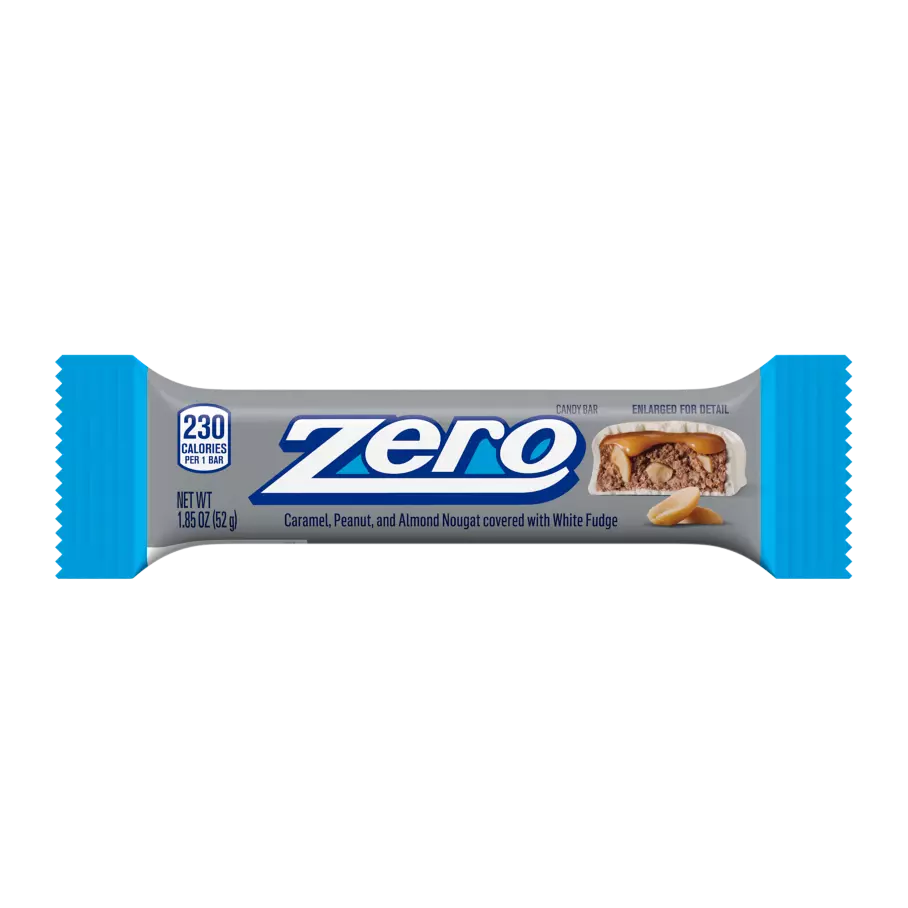 Front of Zero White Fudge Candy Bar wrapper featuring the brand logo, description of caramel, peanut, and almond nougat covered in white fudge (52g pack)