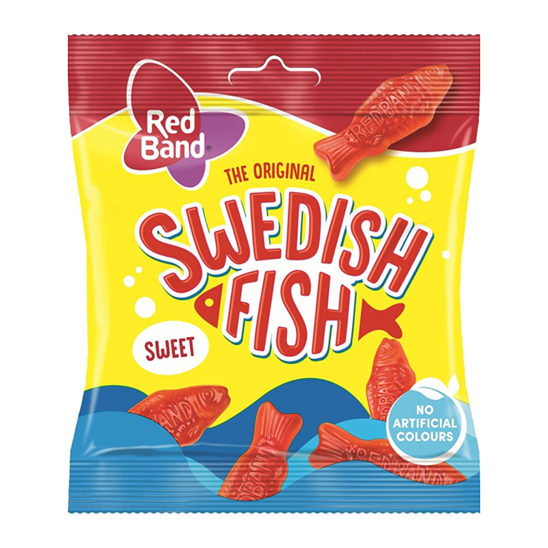 Front of Red Band Swedish Fish Red bag showing colourful label with sweet gummy fish and 100g pack size.