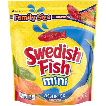 Front of a Swedish Fish Mini Assorted bag featuring a vibrant label with assorted candies and bold logo, 816g pack.