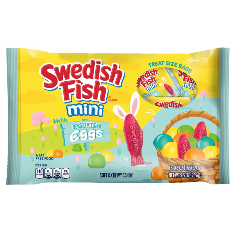 Front of a bag of Swedish Fish Mini with Assorted Mini Eggs (225g) featuring a colourful design, logo, and images of candy pieces.