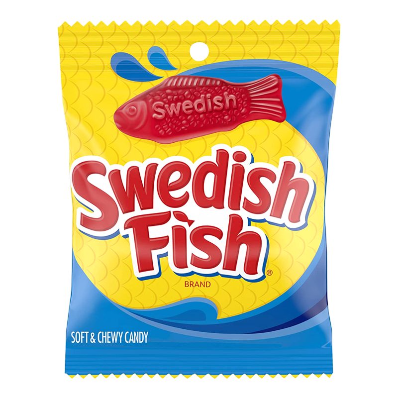 Front of Swedish Fish Red bag featuring soft and chewy candy, vibrant design, and the product title (141g pack)