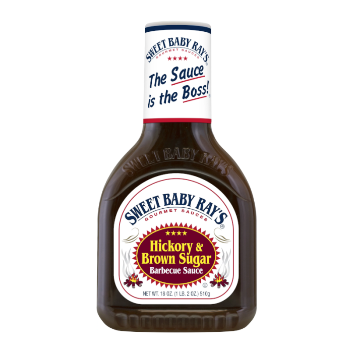 Front of Sweet Baby Ray's Hickory Brown Sugar BBQ Sauce bottle showing logo, hickory and brown sugar flavour label, and pack size (510g)
