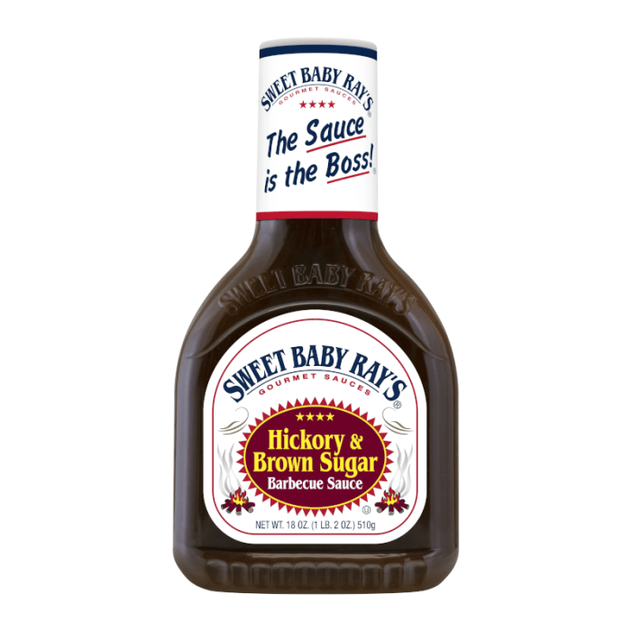 Front of Sweet Baby Ray's Hickory Brown Sugar BBQ Sauce bottle showing logo, hickory and brown sugar flavour label, and pack size (510g)