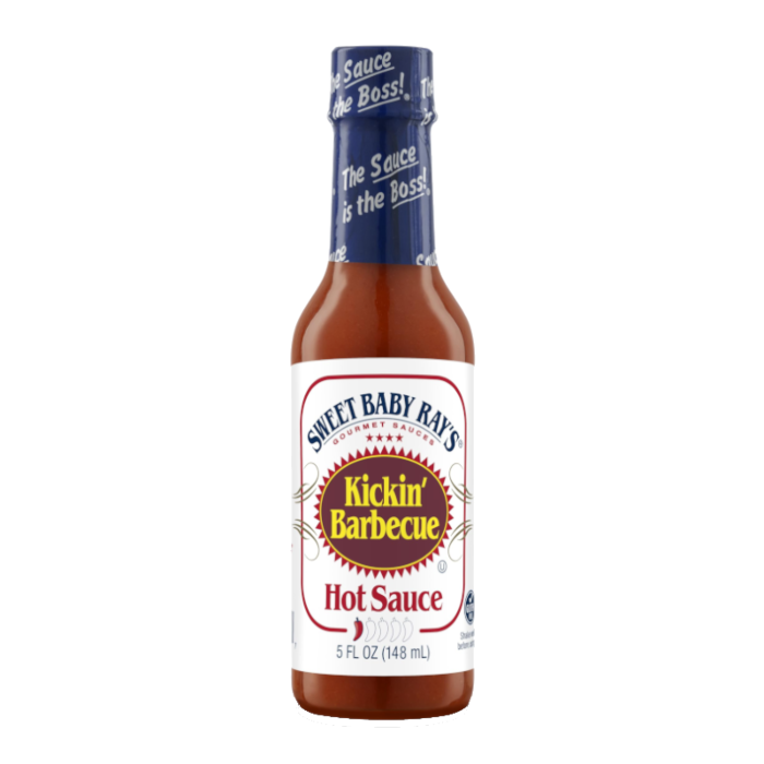 Front of Sweet Baby Ray's Kickin BBQ Sauce bottle showing the logo and vibrant label design of BBQ sauce (148ml).