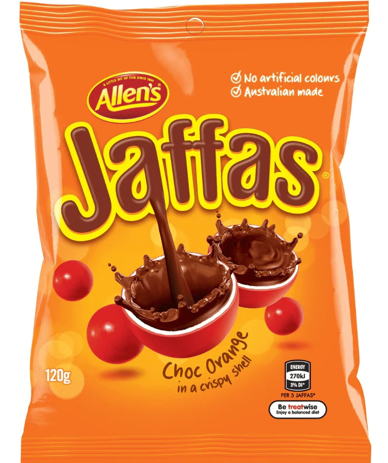 Front of Allen's Jaffas bag featuring a bright orange background, logo, choc orange flavour description, and images of chocolate-filled Jaffas (160g pack)