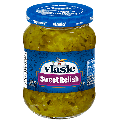 Front of Vlasic Sweet Relish jar showing the blue label with white logo, sweet relish name, and visible jar contents (296g pack)