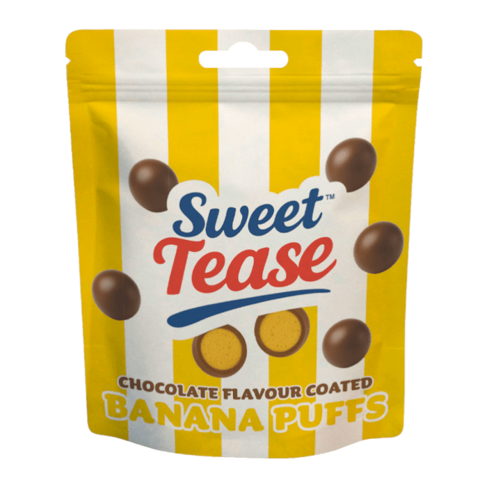 Front of Sweet Tease Banana Puffs bag with logo and image of banana puffs, chocolate flavour coated (80g pack)