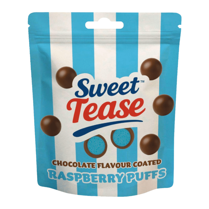 Front of Sweet Tease Blue Raspberry Puffs bag showing a blue and white striped design, logo, and imagery of blue raspberry puffs (80g pack)
