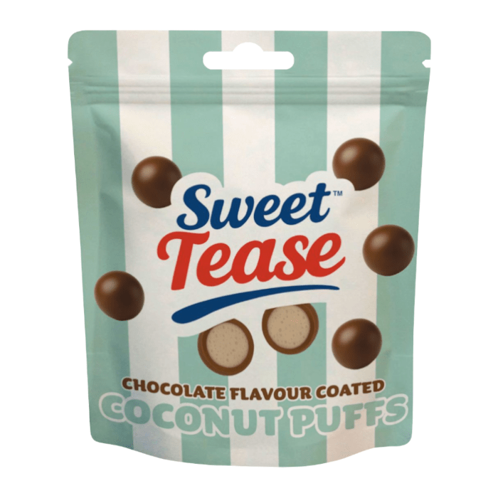 Front of Sweet Tease Coconut Puffs bag showing the brand name, coconut puffs with chocolate flavour coating, and 80g pack size
