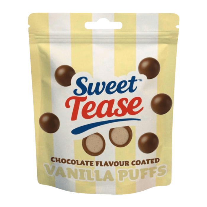 Front of Sweet Tease Vanilla Puffs 80g bag showing logo, chocolate flavour coating, and a visual of the puffs.