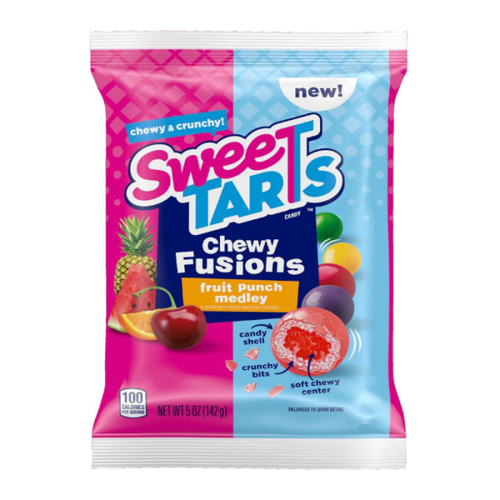 Front of SweeTarts Chewy Fusion Peg Bag showing the logo, fruit punch medley label, and vibrant candy pieces (142g pack)
