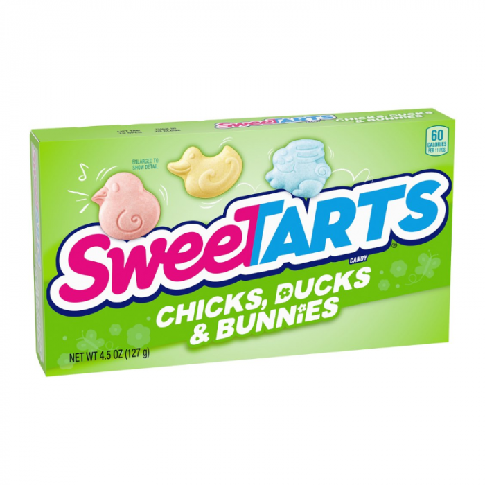Front of SweeTarts Chicks, Ducks & Bunnies Theatre Box showing colourful candies in fun shapes, brand logo, and 127g pack size.