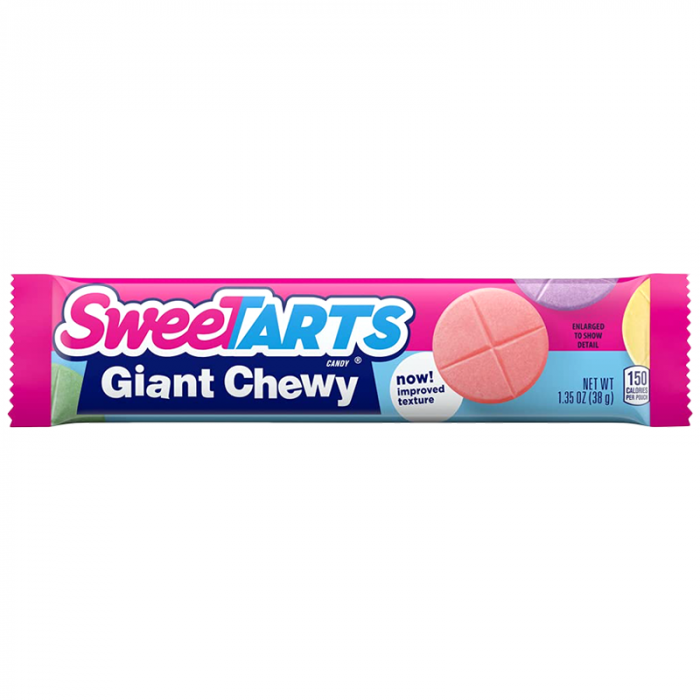 Front of Sweetarts Giant Chewy Candy packaging featuring a vibrant design, the product name, and the 38g size