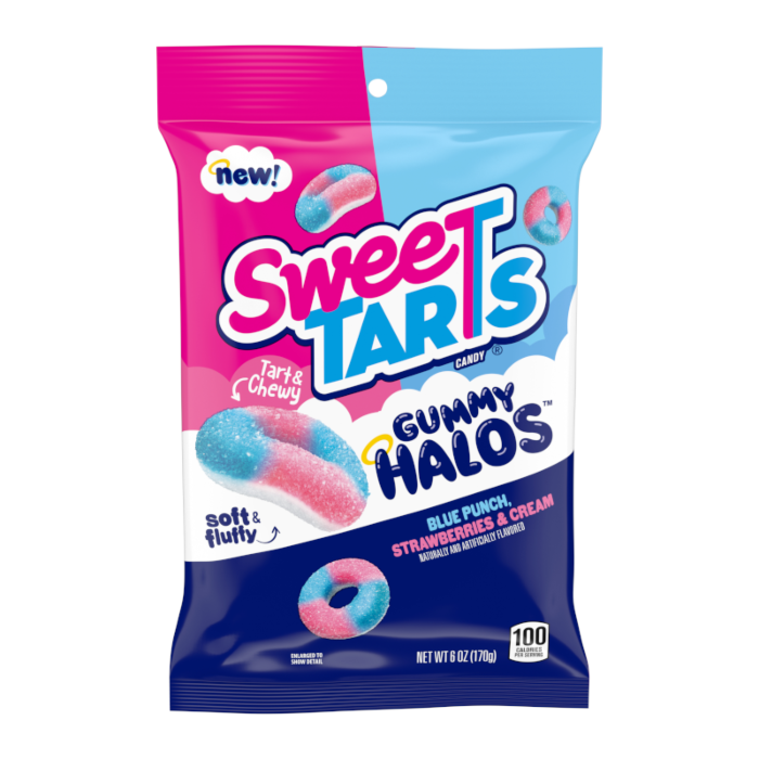 Front of SweeTarts Gummy Halos bag showcasing the pink and blue packaging with the logo, featuring soft and fluffy gummies in Blue Punch and Strawberries & Cream flavours (170g pack)