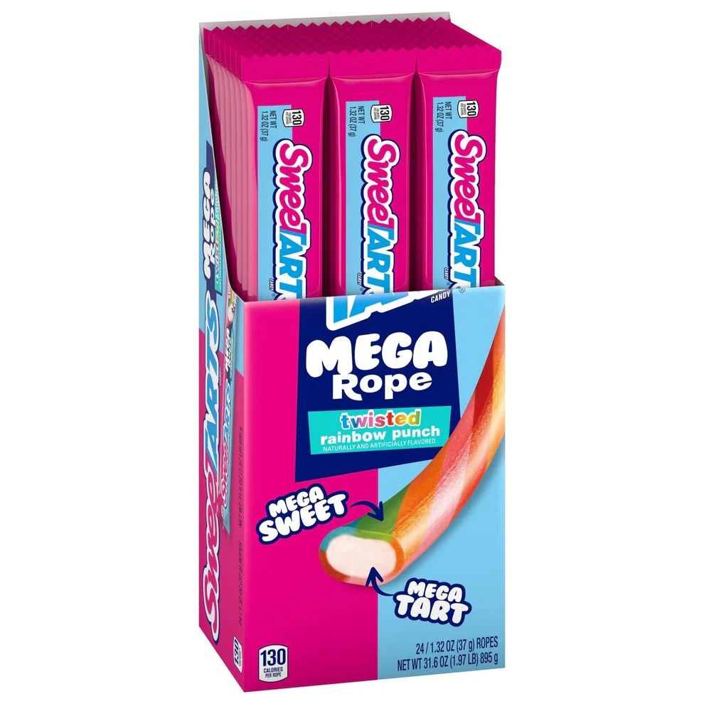 Front of SweeTarts Mega Rope Twisted Rainbow Punch packaging showing brand logo, colourfully twisted candy design, and 37g weight