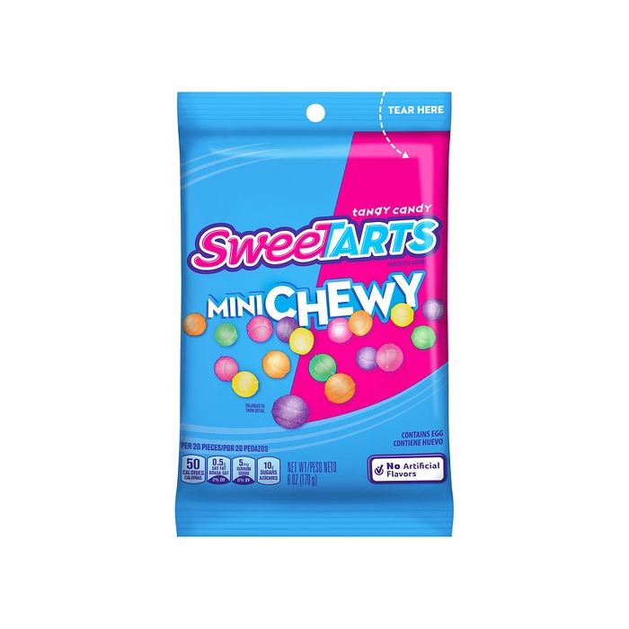 Front of SweeTarts Chewy Mini peg bag showing bright blue packaging, logo, and colourful chewy candies (6oz)