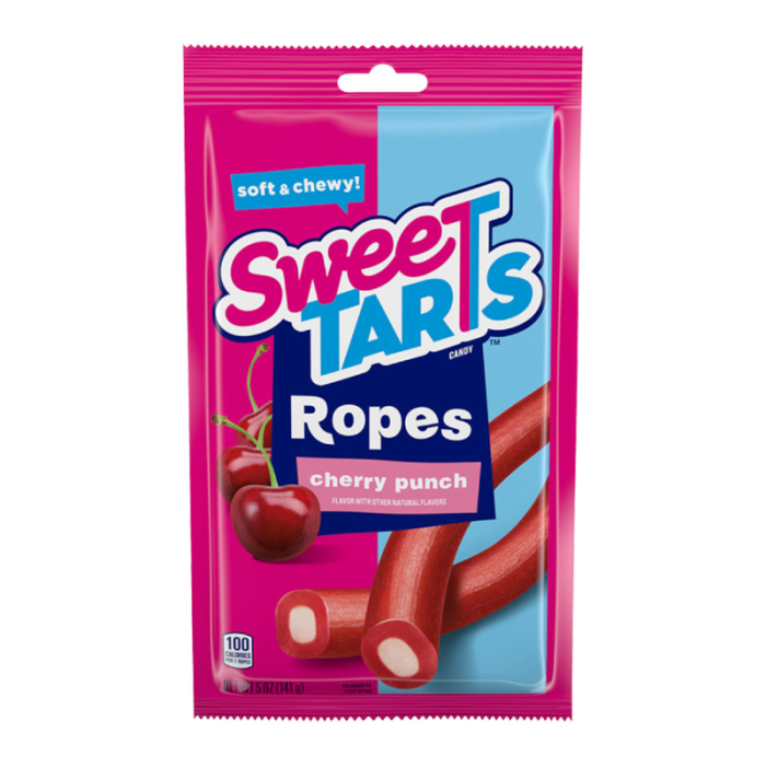 Front of SweeTarts Chewy Ropes Cherry Punch bag showing logo, cheery punch flavour, and an image of chewy ropes (142g pack)
