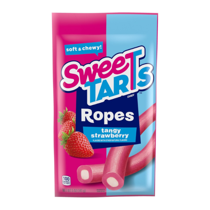 Front of SweeTarts Ropes Tangy Strawberry package showing bright pink design, logo, and images of strawberries (141g pack)