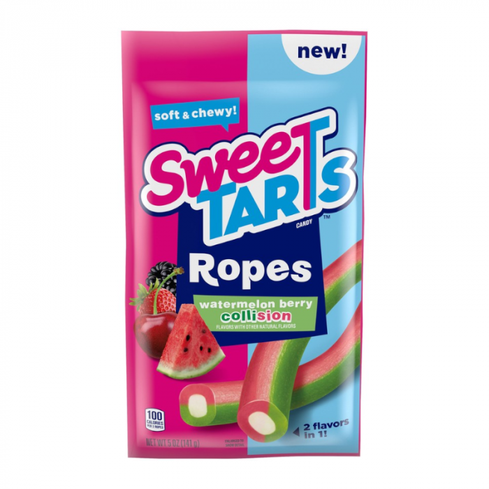 Front of SweeTarts Ropes Watermelon Berry Collision bag featuring bright colours, logo, watermelon and berry imagery, and 141.7g pack size