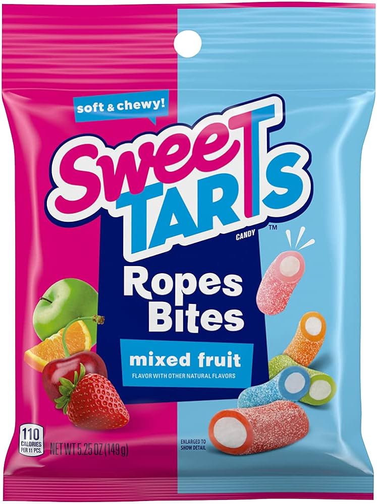 Front of SweeTarts Ropes Bites bag showing bright logo, mixed fruit flavour label, and various candy pieces (149g pack)