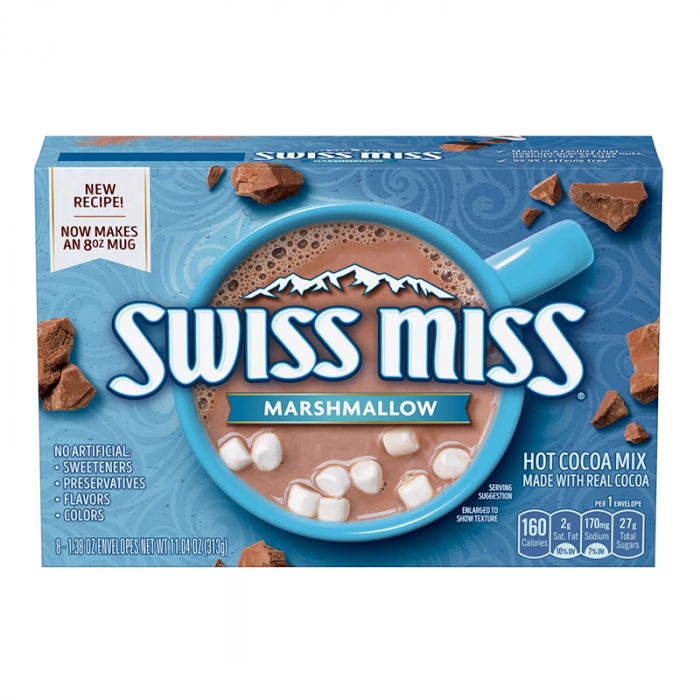 Front of Swiss Miss Marshmallow Hot Cocoa Mix box featuring a blue mug with cocoa and marshmallows, logo, and 313g pack size.