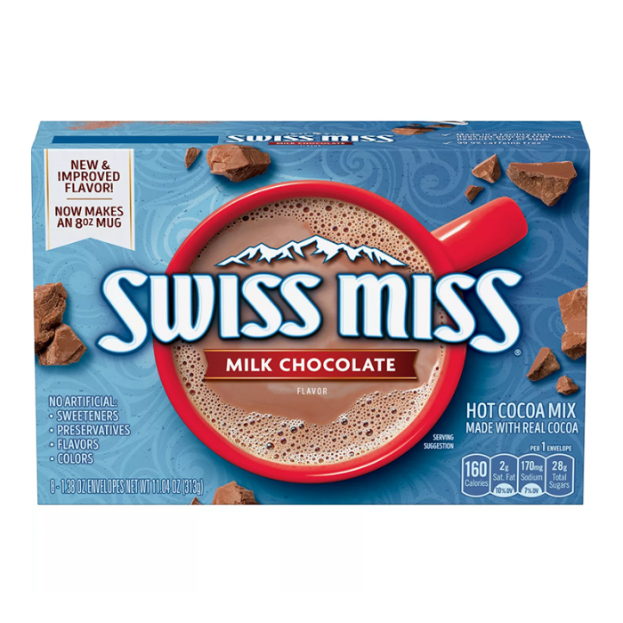 Front of Swiss Miss Milk Chocolate Hot Cocoa Mix box showing logo, red mug with cocoa, and details for preparation (313g pack)