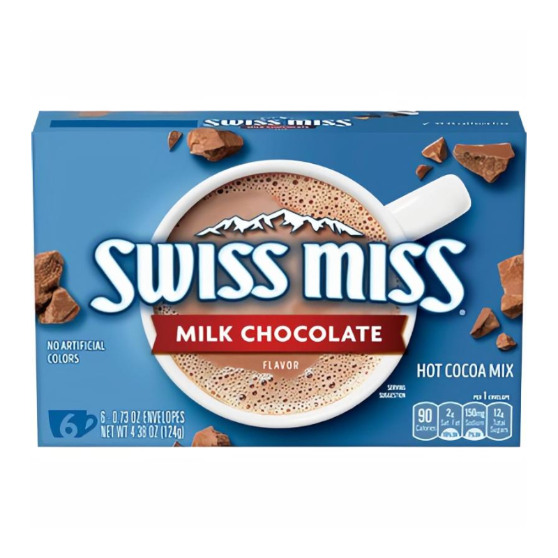 Front of Swiss Miss Milk Chocolate Hot Cocoa Mix box showing the logo, milk chocolate flavour label, and image of hot cocoa in a cup (124g pack)