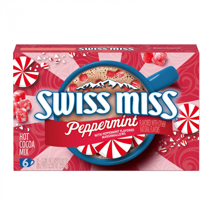 Front of Swiss Miss Peppermint Hot Cocoa Mix box showing the logo, peppermint flavour illustration, and an image of cocoa with marshmallows (234g pack)