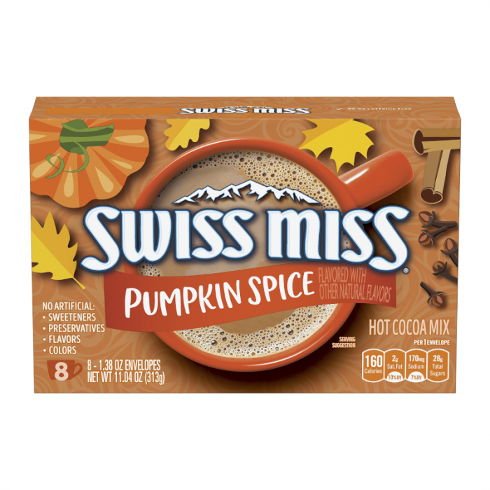Front of Swiss Miss Pumpkin Spice Hot Cocoa Mix box showing the logo, pumpkin spice flavour label, and mug of hot cocoa with autumnal designs (313g pack)