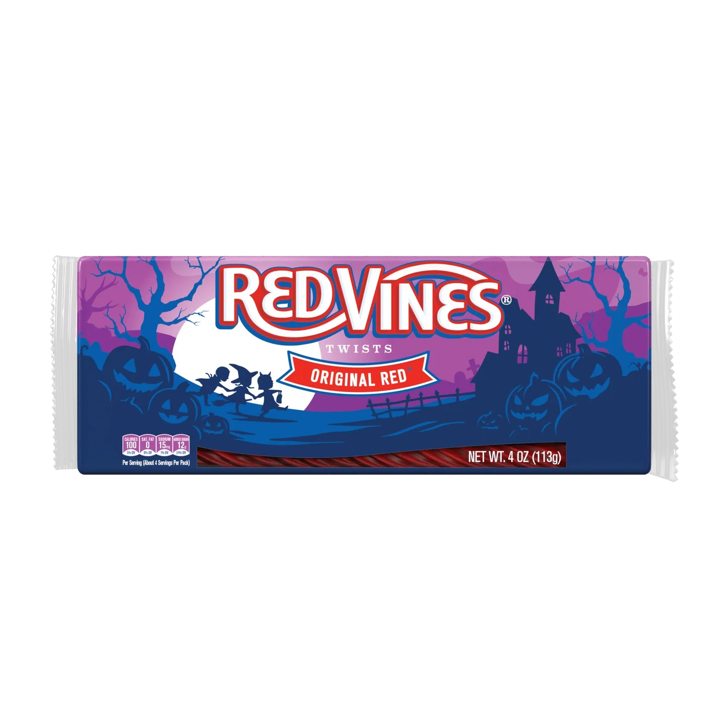 Front of Red Vines Halloween Original Red Twists pack showing logo, bright colours, and Halloween-themed design (113g)