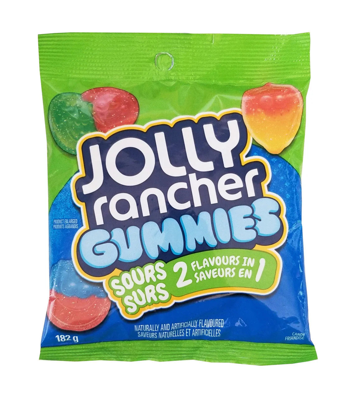 Front of a green bag of Jolly Rancher Gummies Sour 2in1 showing logo and colourful gummy candies with two flavours (182g pack)