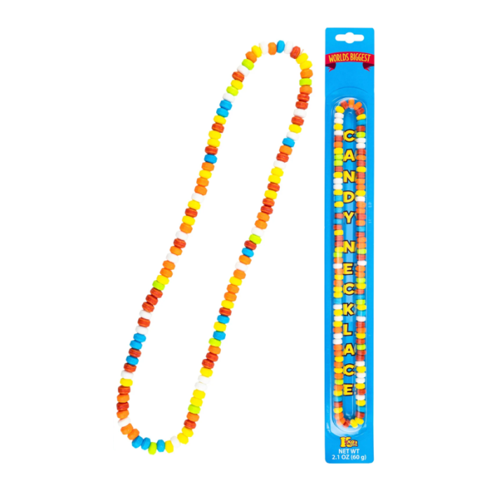 Front of World's Largest Candy Necklace showing colourful candy beads and packaging (60g pack)