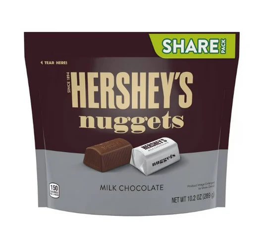 Front of Hershey's Nuggets Milk Chocolate share pack, showcasing the logo, milk chocolate nuggets, and 289g pack size