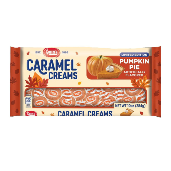 Front of Goetze's Pumpkin Pie Caramel Creams package showing the logo, pumpkin pie imagery, and pack size (283g)