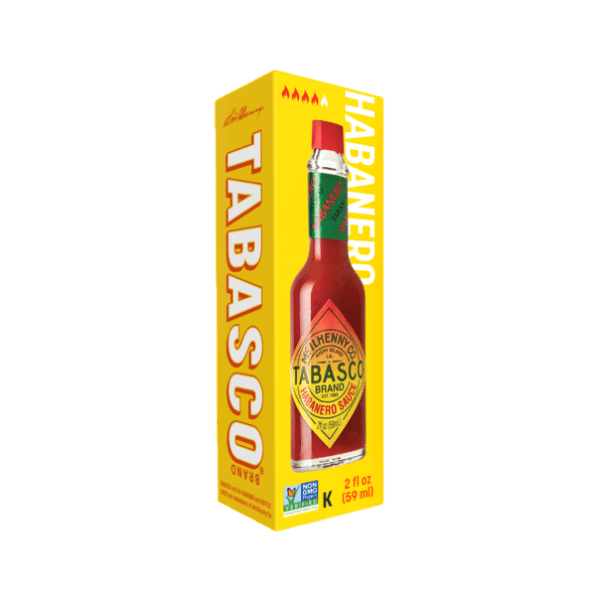 Front of Tabasco Habanero Sauce bottle showing vibrant yellow label, bold red and green logo, and 59ml size.