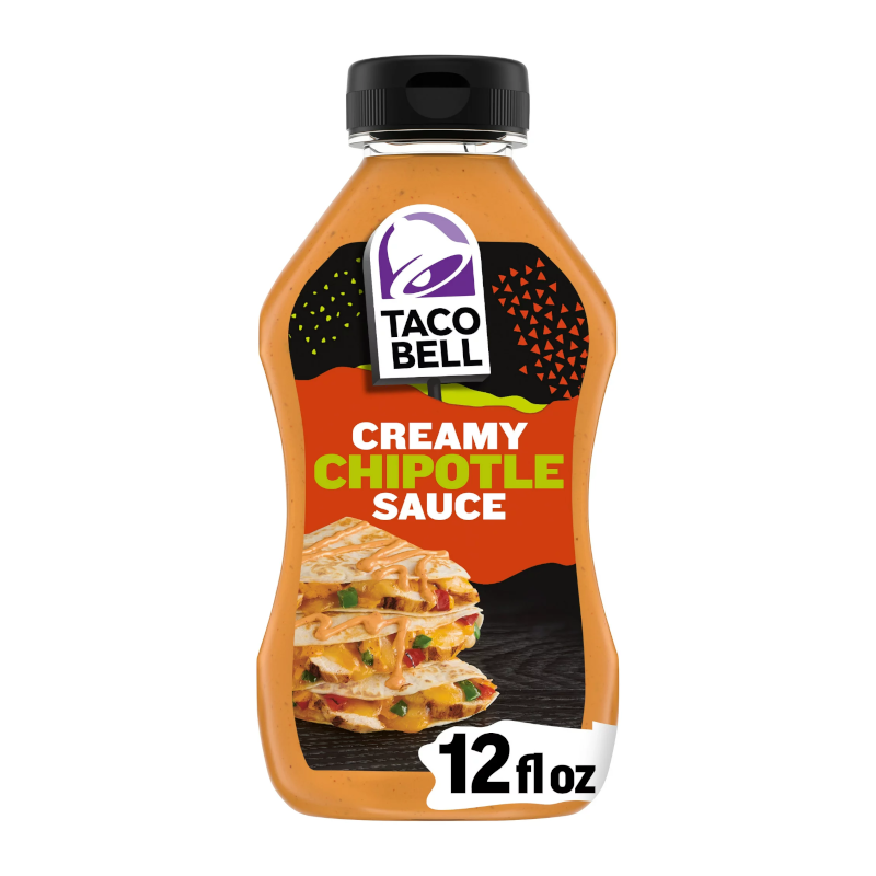 Front of Taco Bell Creamy Chipotle Sauce bottle showing logo, creamy chipotle product name, and image of sauce with food (354ml pack)