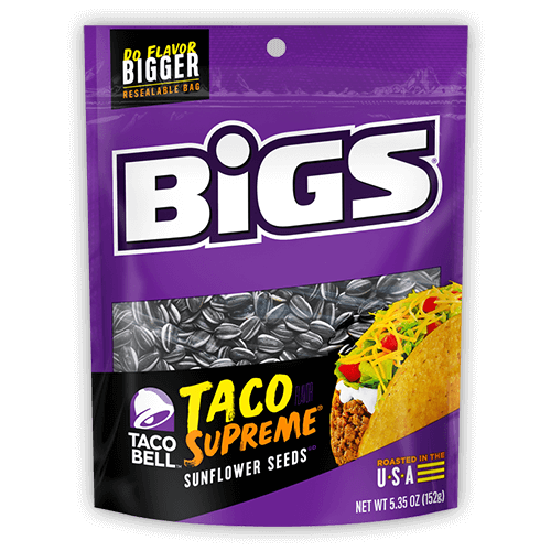 Front of BIGS Sunflower Seeds Taco Bell Supreme bag showing bold logo, vibrant Taco Bell flavour design, and image of sunflower seeds (152g pack)