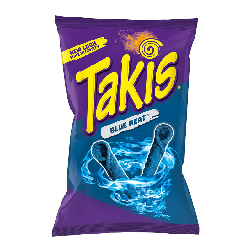 Front of Takis Blue Heat bag showing bold logo, rolled tortilla corn chips, and blue heat design (200g pack)