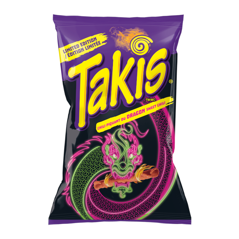 Front of a bag of Takis Dragon Sweet Chilli Rolled Tortilla Corn Chips (Limited Edition) (92.3g) featuring vibrant dragon artwork and bold branding.