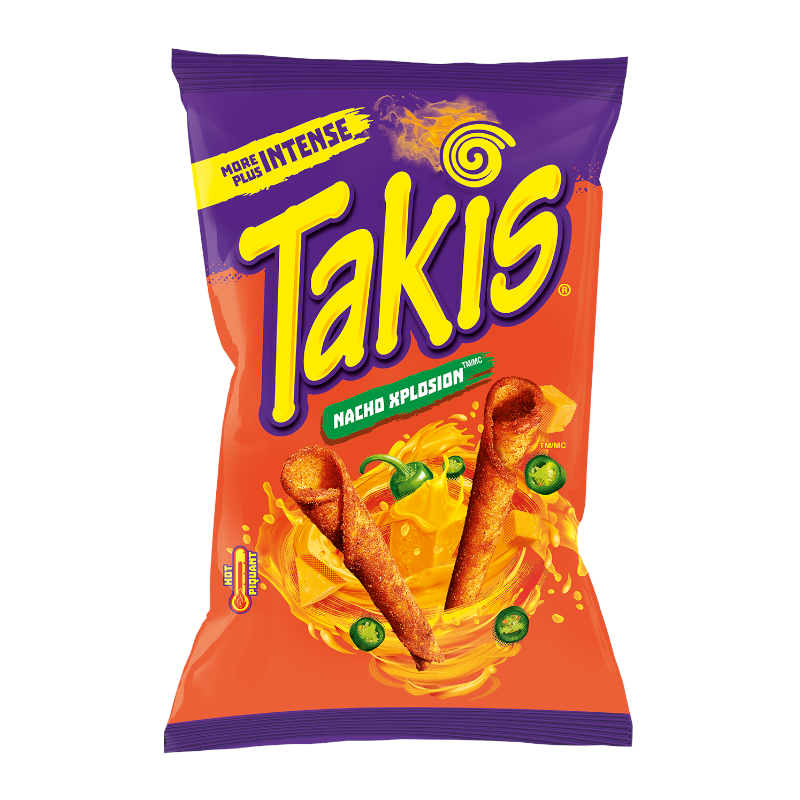 Front of Takis Nacho Explosion Rolled Tortilla Corn Chips bag featuring bold yellow logo, nacho flavour design, and pack size of 280g.