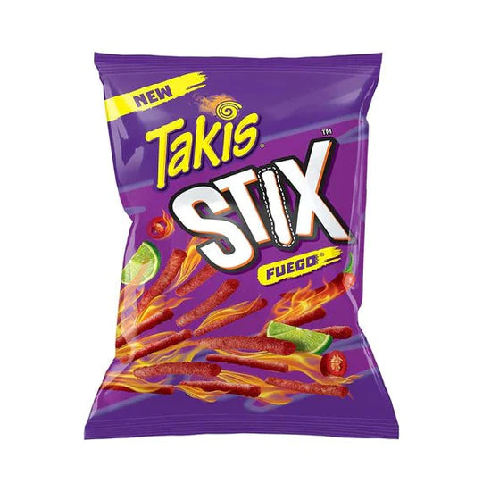Front of Takis Stix Fuego bag showing bold purple packaging, brand logo, and spicy snack sticks with a fiery background (113.4g pack)