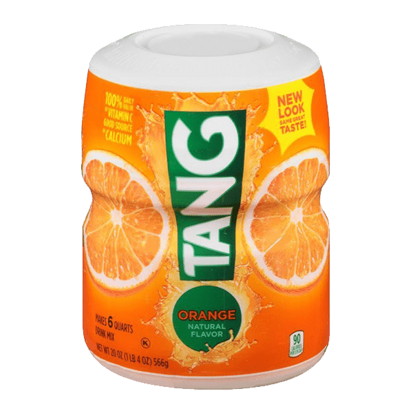 Front of Tang Orange Drink Mix container showing vibrant orange design, the logo, natural flavour label, and 566g pack size