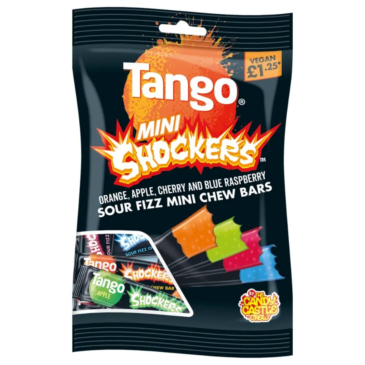 Front of a black bag of Tango Mini Shockers showing the logo, flavours (orange, apple, cherry, and blue raspberry), and pack size (120g)