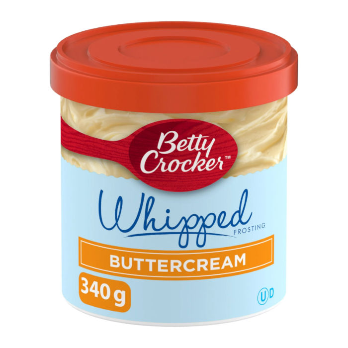 Front of Betty Crocker Buttercream Whipped Frosting tub showing the logo, whipped texture, and pack size (340g)