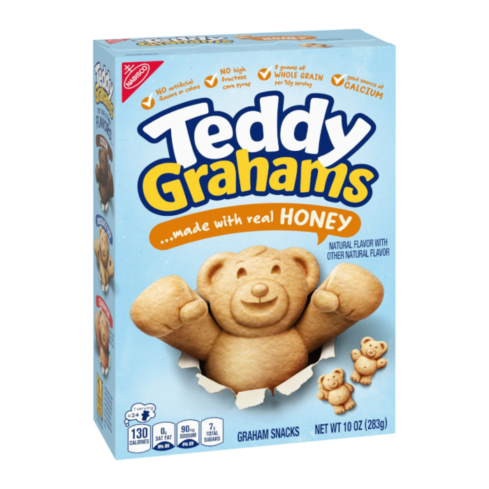 Box of Teddy Grahams graham snacks with a bear design on a white background