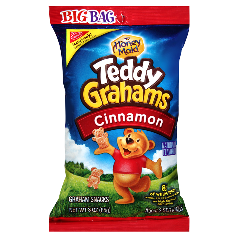Honey Maid Teddy Grahams Cinnamon snack bag on a white background