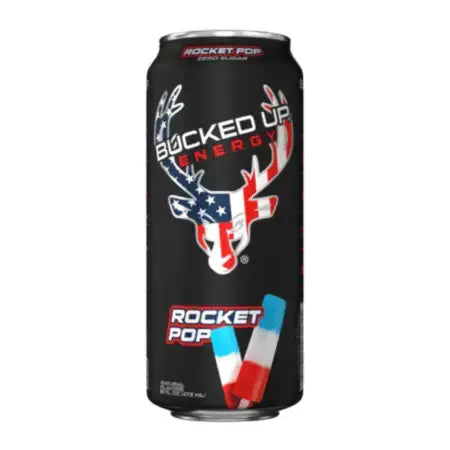Front of Bucked Up Energy Rocket Pop can showing logo, bold design, and playful red, white, and blue colour scheme (473ml)