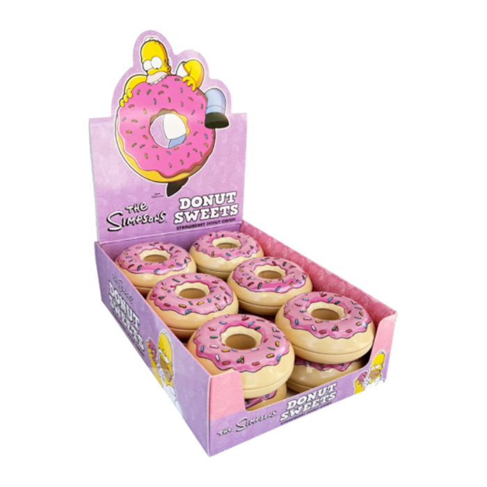 Front of The Simpsons Donut Candy Tin showing pink donut design with sprinkles, logo, and strawberry flavour label (43g pack)