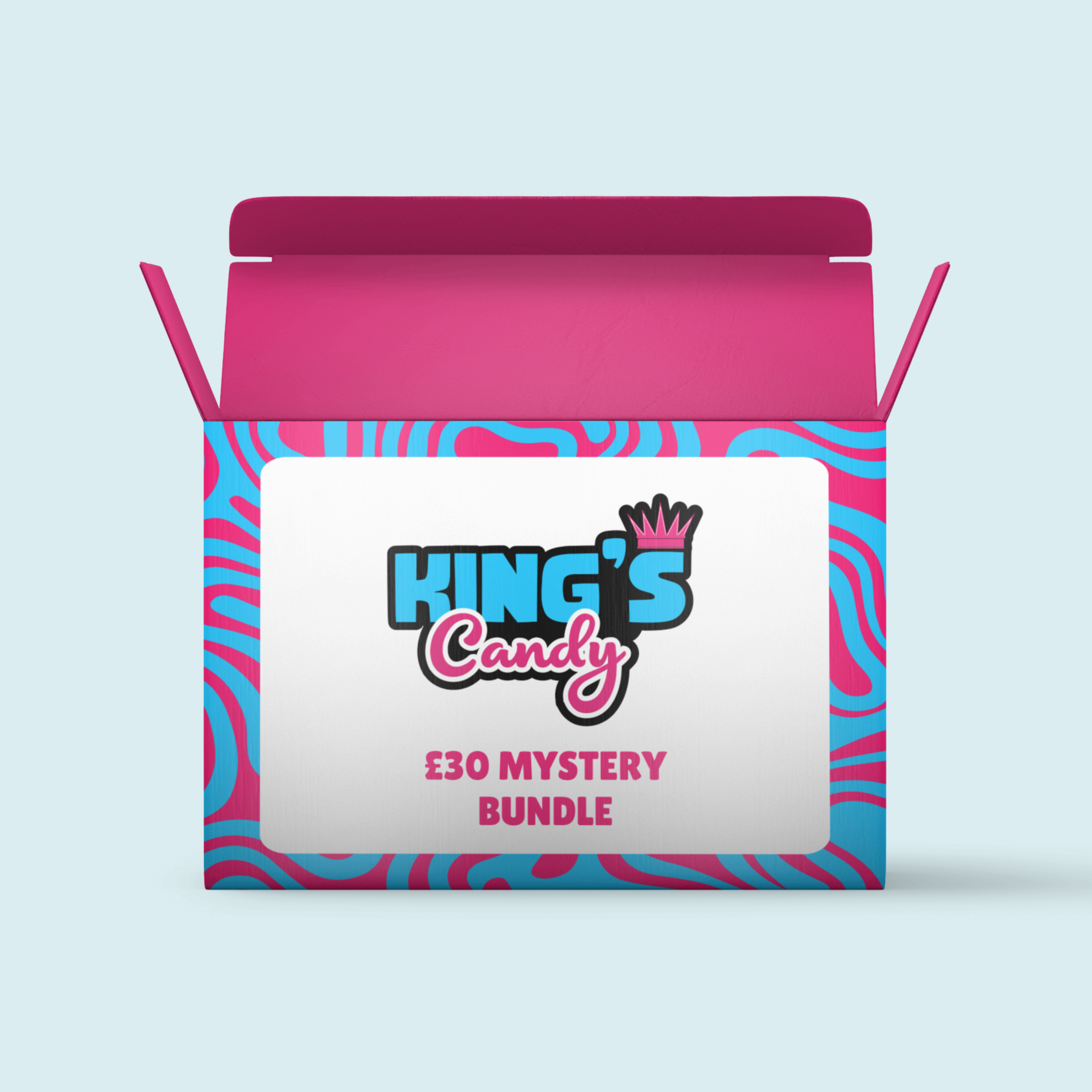 Front of King's Candy £30 Mystery Bundle box featuring vibrant pink and blue design, with logo and bold text on a white background.