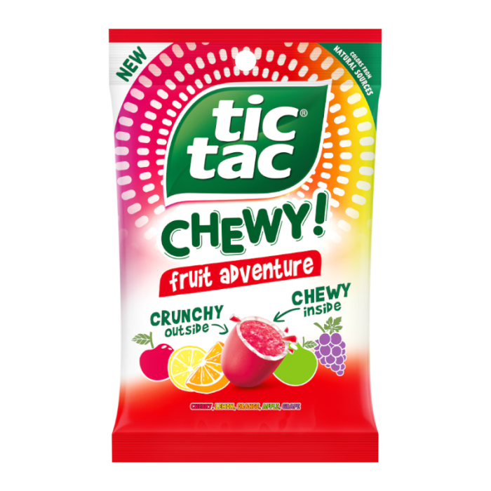Front of Tic Tac Chewy Fruit Adventure bag featuring green and red branding, colourful candy image, and crunchy outside with chewy inside label (80g pack)